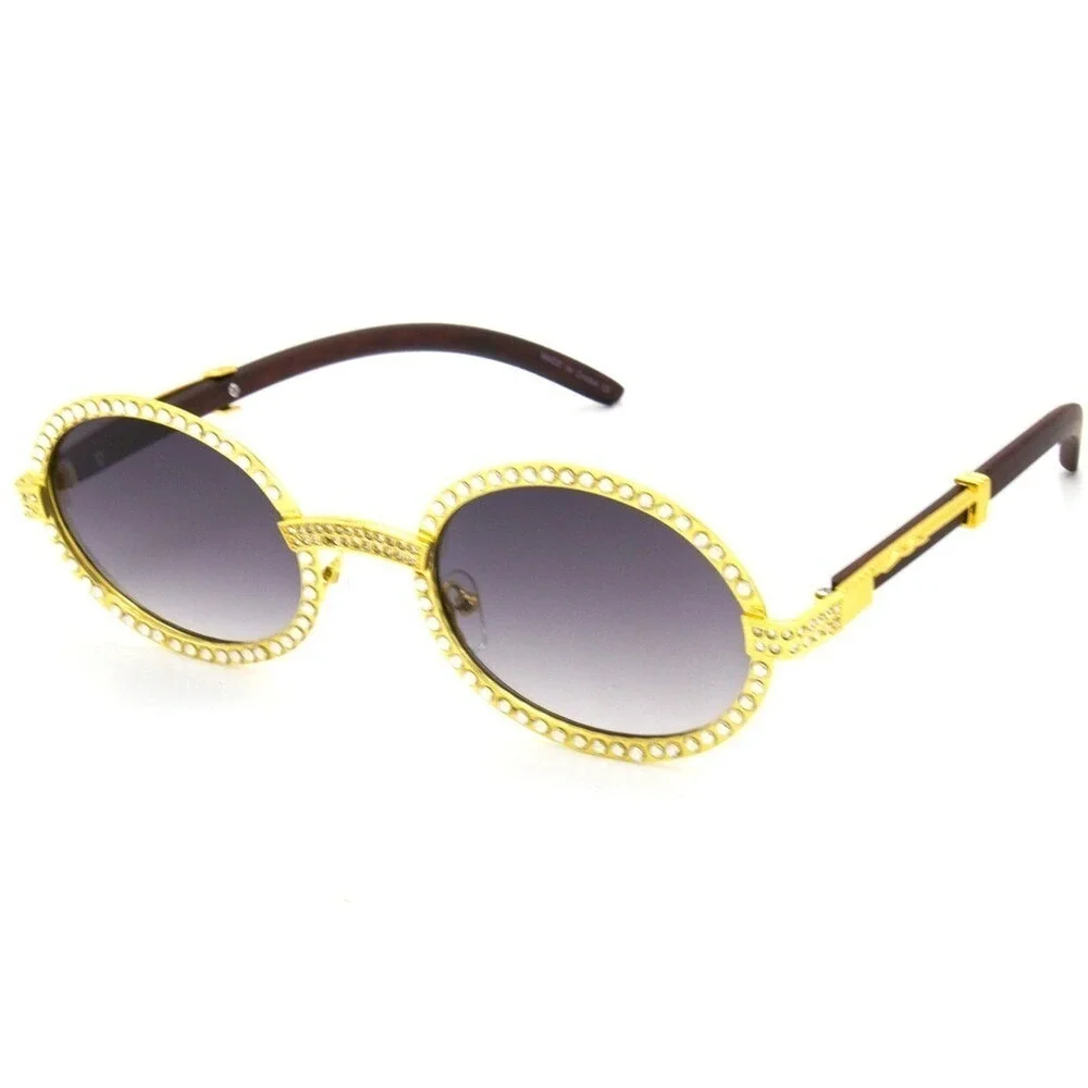 Rhinestone Sunglasses ‎ Gold Wood Tone Accents Men Black Gradient Lens Classic